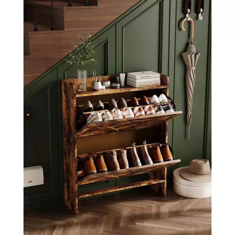 Meuble à chaussures avec 2 tiroirs basculants, Organisateur de chaussures autonome dissimulé avec poignée en métal, Étagère à chaussures mince pour couloir, salon, appartement