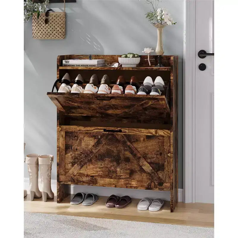 Meuble à chaussures avec 2 tiroirs basculants, Organisateur de chaussures autonome dissimulé avec poignée en métal, Étagère à chaussures mince pour couloir, salon, appartement