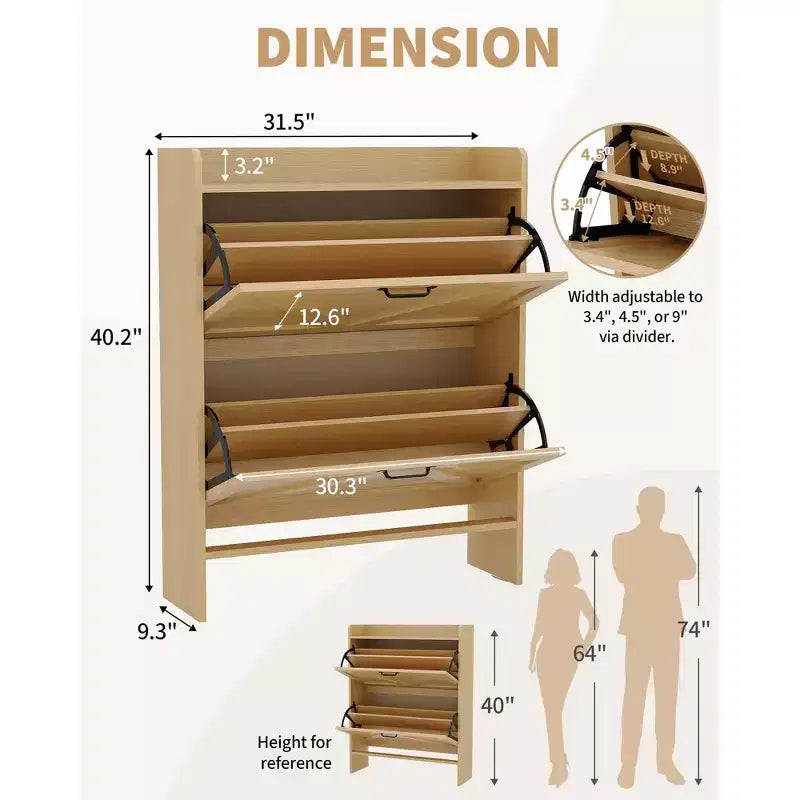 Meuble à chaussures avec 2 tiroirs basculants, Organisateur de chaussures autonome dissimulé avec poignée en métal, Étagère à chaussures mince pour couloir, salon, appartement
