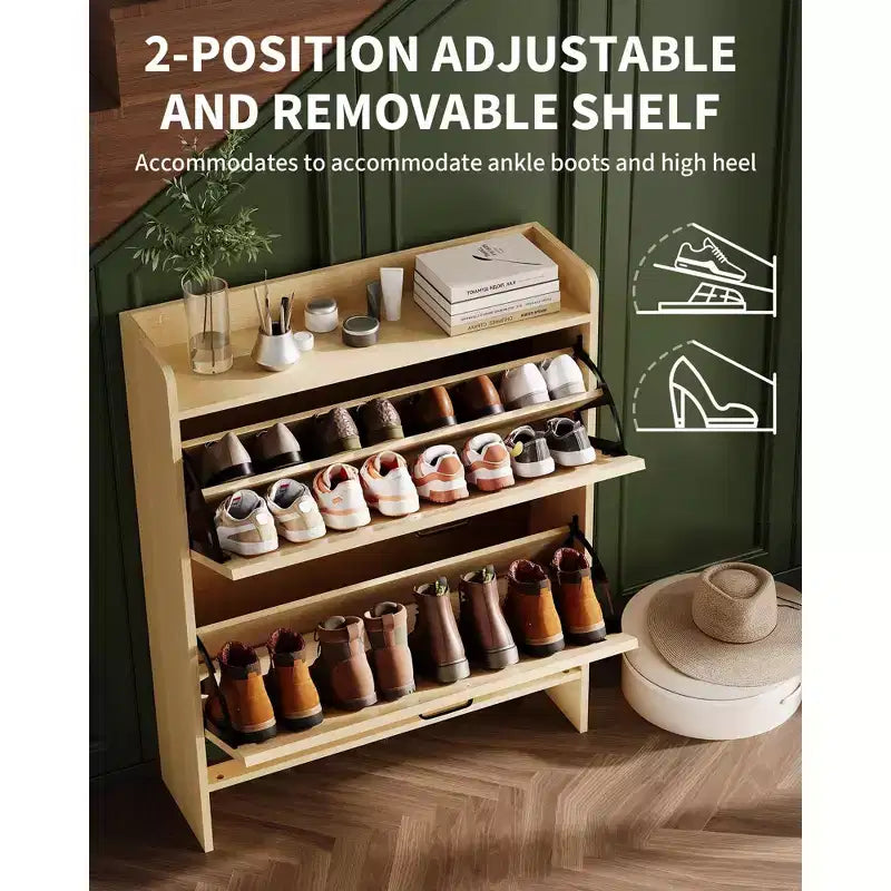 Meuble à chaussures avec 2 tiroirs basculants, Organisateur de chaussures autonome dissimulé avec poignée en métal, Étagère à chaussures mince pour couloir, salon, appartement