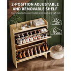 Meuble à chaussures avec 2 tiroirs basculants, Organisateur de chaussures autonome dissimulé avec poignée en métal, Étagère à chaussures mince pour couloir, salon, appartement