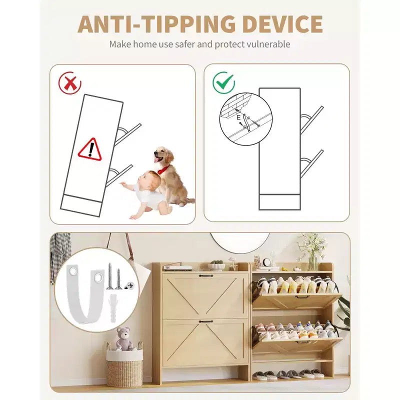 Meuble à chaussures avec 2 tiroirs basculants, Organisateur de chaussures autonome dissimulé avec poignée en métal, Étagère à chaussures mince pour couloir, salon, appartement