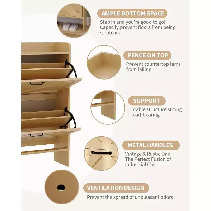 Meuble à chaussures avec 2 tiroirs basculants, Organisateur de chaussures autonome dissimulé avec poignée en métal, Étagère à chaussures mince pour couloir, salon, appartement