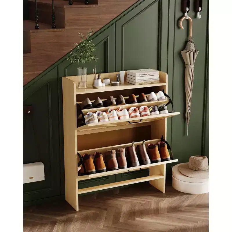 Meuble à chaussures avec 2 tiroirs basculants, Organisateur de chaussures autonome dissimulé avec poignée en métal, Étagère à chaussures mince pour couloir, salon, appartement