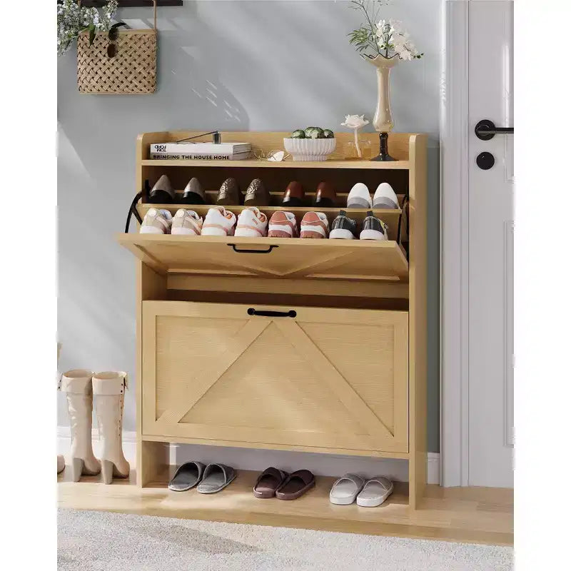 Meuble à chaussures avec 2 tiroirs basculants, Organisateur de chaussures autonome dissimulé avec poignée en métal, Étagère à chaussures mince pour couloir, salon, appartement