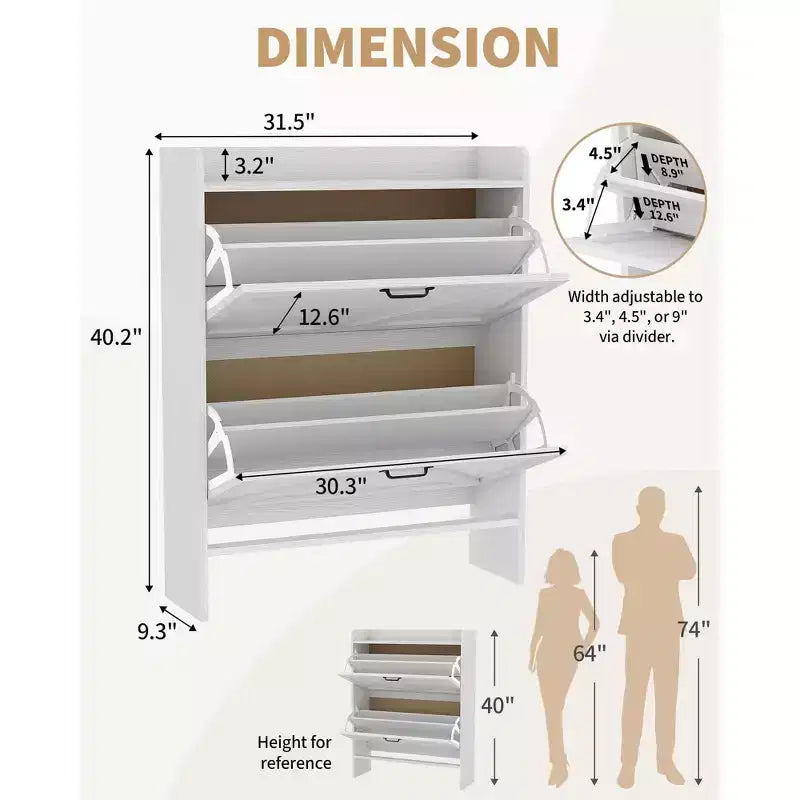 Meuble à chaussures avec 2 tiroirs basculants, Organisateur de chaussures autonome dissimulé avec poignée en métal, Étagère à chaussures mince pour couloir, salon, appartement