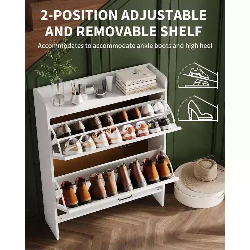 Meuble à chaussures avec 2 tiroirs basculants, Organisateur de chaussures autonome dissimulé avec poignée en métal, Étagère à chaussures mince pour couloir, salon, appartement