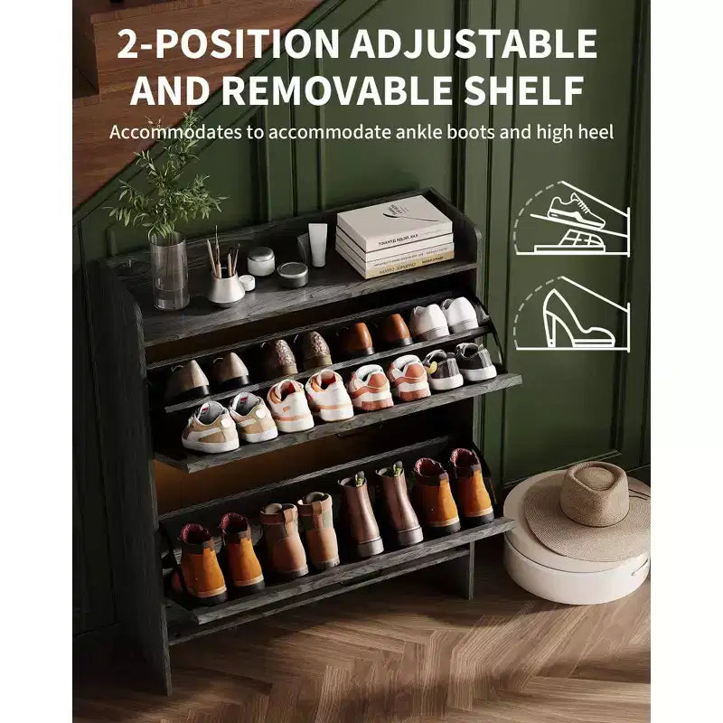 Meuble à chaussures avec 2 tiroirs basculants, Organisateur de chaussures autonome dissimulé avec poignée en métal, Étagère à chaussures mince pour couloir, salon, appartement