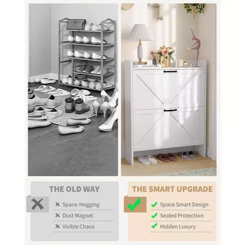 Meuble à chaussures avec 2 tiroirs basculants, Organisateur de chaussures autonome dissimulé avec poignée en métal, Étagère à chaussures mince pour couloir, salon, appartement