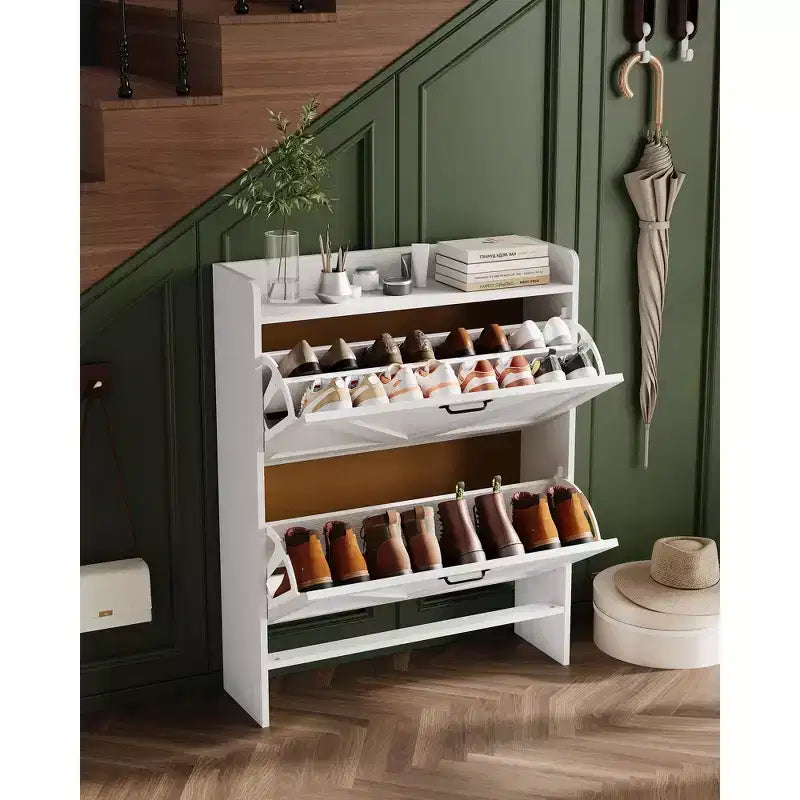Meuble à chaussures avec 2 tiroirs basculants, Organisateur de chaussures autonome dissimulé avec poignée en métal, Étagère à chaussures mince pour couloir, salon, appartement