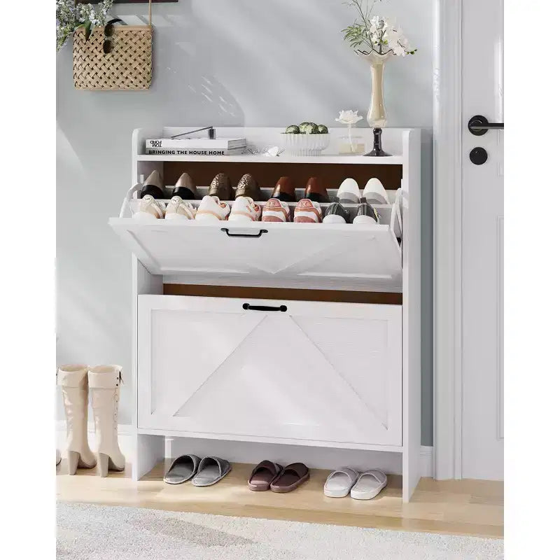 Meuble à chaussures avec 2 tiroirs basculants, Organisateur de chaussures autonome dissimulé avec poignée en métal, Étagère à chaussures mince pour couloir, salon, appartement