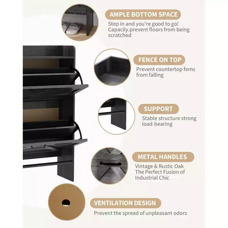 Meuble à chaussures avec 2 tiroirs basculants, Organisateur de chaussures autonome dissimulé avec poignée en métal, Étagère à chaussures mince pour couloir, salon, appartement
