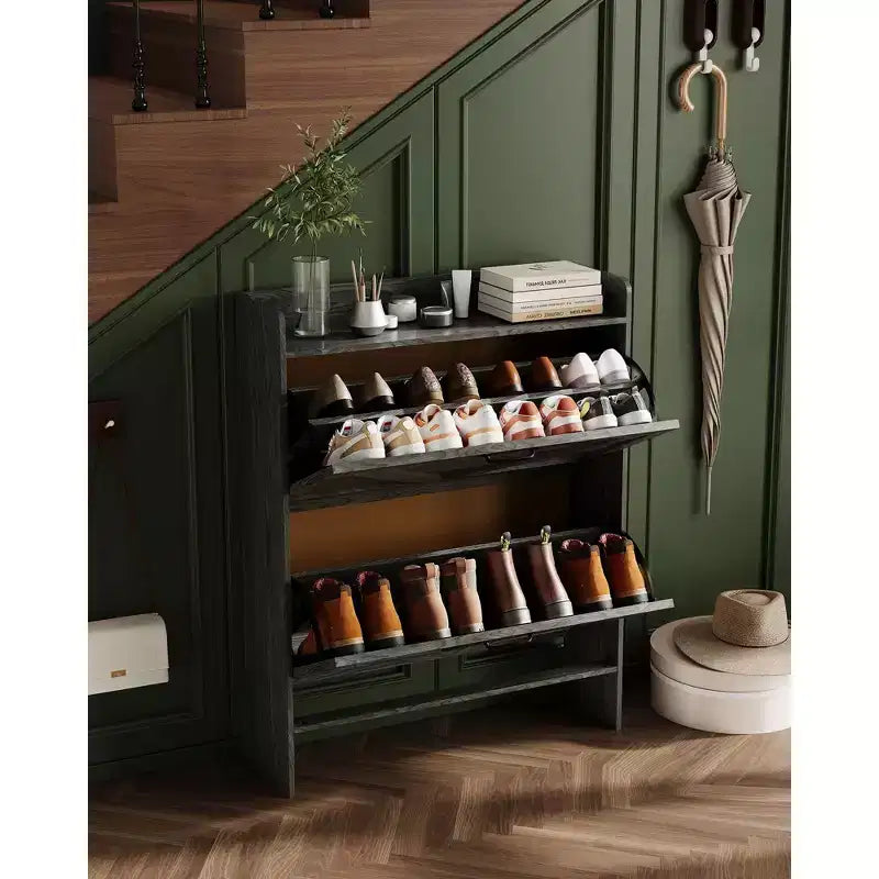 Meuble à chaussures avec 2 tiroirs basculants, Organisateur de chaussures autonome dissimulé avec poignée en métal, Étagère à chaussures mince pour couloir, salon, appartement