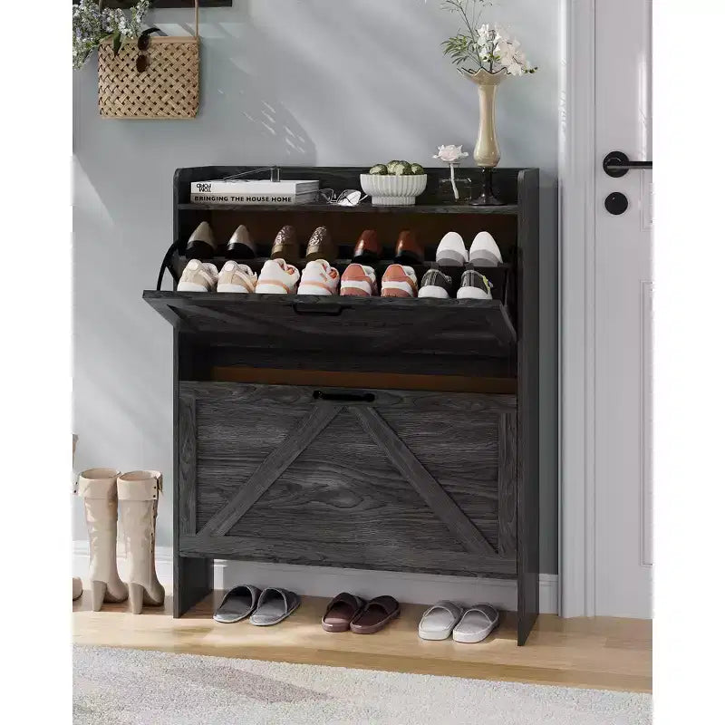 Meuble à chaussures avec 2 tiroirs basculants, Organisateur de chaussures autonome dissimulé avec poignée en métal, Étagère à chaussures mince pour couloir, salon, appartement