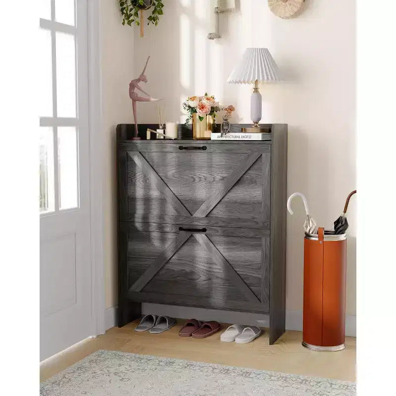 Shoe Storage Cabinet with 2 Flip Drawers, Freestanding Hidden Shoe Organizer with Metal Handle, Slim Shoe Rack for Hallway Living Room Apartment