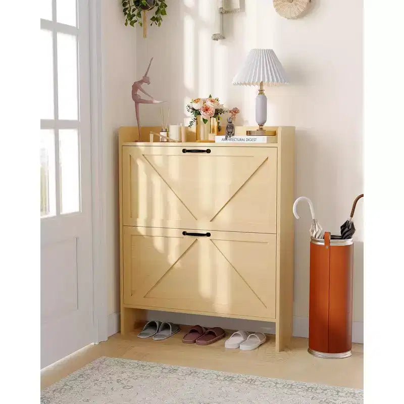 Meuble à chaussures avec 2 tiroirs basculants, Organisateur de chaussures autonome dissimulé avec poignée en métal, Étagère à chaussures mince pour couloir, salon, appartement