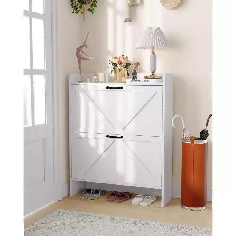 Meuble à chaussures avec 2 tiroirs basculants, Organisateur de chaussures autonome dissimulé avec poignée en métal, Étagère à chaussures mince pour couloir, salon, appartement