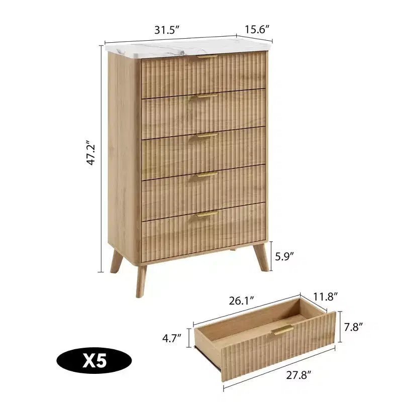 Commode à 5 tiroirs pour chambre à coucher, commode de 120 cm de hauteur avec poignées dorées, table de chevet en bois, organisateur de rangement pour vêtements pour entrée et chambre à coucher.