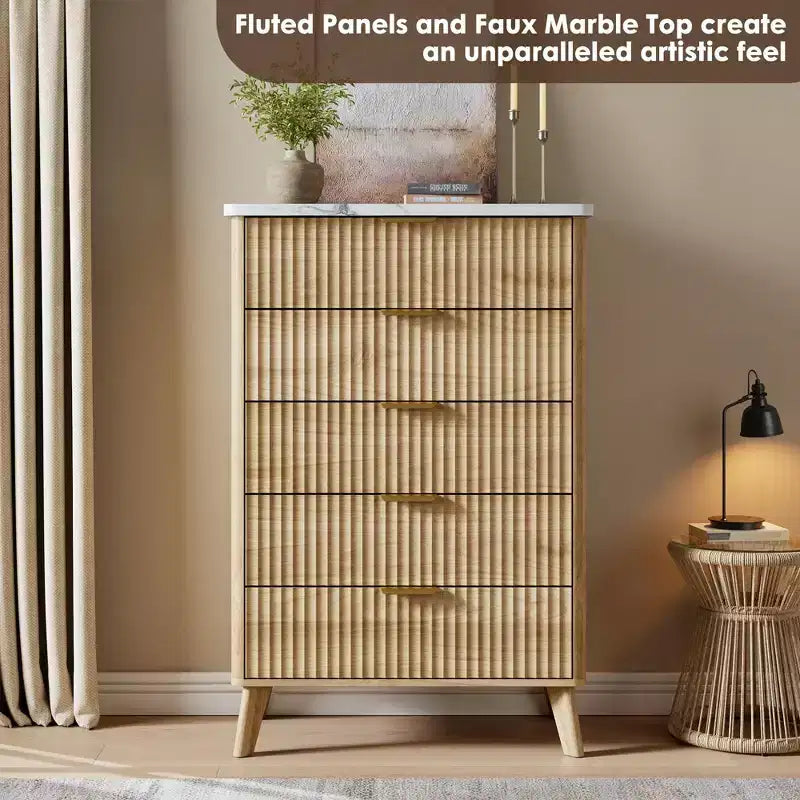 Commode à 5 tiroirs pour chambre à coucher, commode de 120 cm de hauteur avec poignées dorées, table de chevet en bois, organisateur de rangement pour vêtements pour entrée et chambre à coucher.