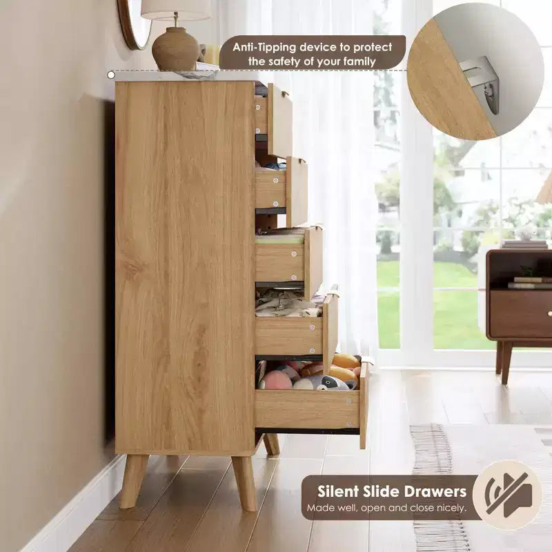 Commode à 5 tiroirs pour chambre à coucher, commode de 120 cm de hauteur avec poignées dorées, table de chevet en bois, organisateur de rangement pour vêtements pour entrée et chambre à coucher.
