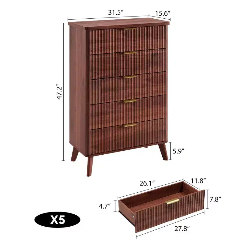 Commode à 5 tiroirs pour chambre à coucher, commode de 120 cm de hauteur avec poignées dorées, table de chevet en bois, organisateur de rangement pour vêtements pour entrée et chambre à coucher.