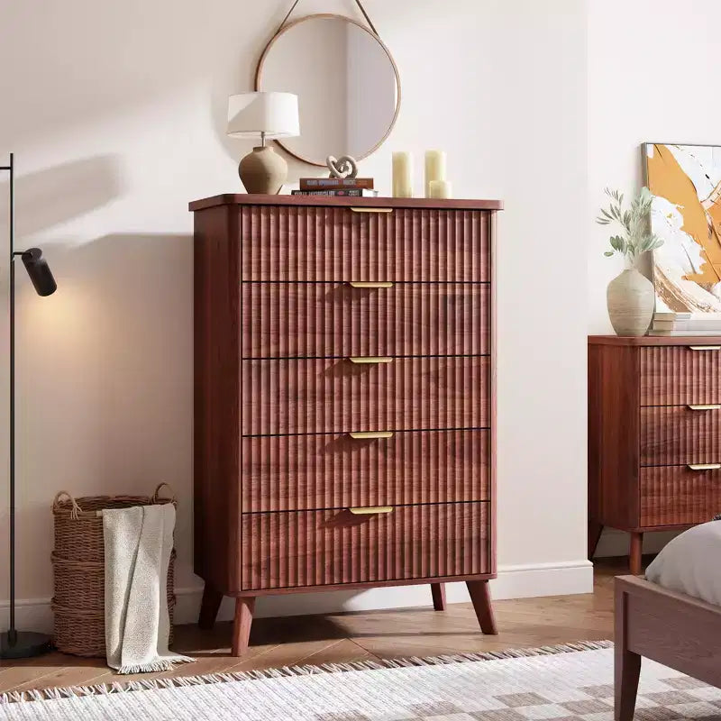 Commode à 5 tiroirs pour chambre à coucher, commode de 120 cm de hauteur avec poignées dorées, table de chevet en bois, organisateur de rangement pour vêtements pour entrée et chambre à coucher.