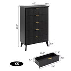 Commode à 5 tiroirs pour chambre à coucher, commode de 120 cm de hauteur avec poignées dorées, table de chevet en bois, organisateur de rangement pour vêtements pour entrée et chambre à coucher.