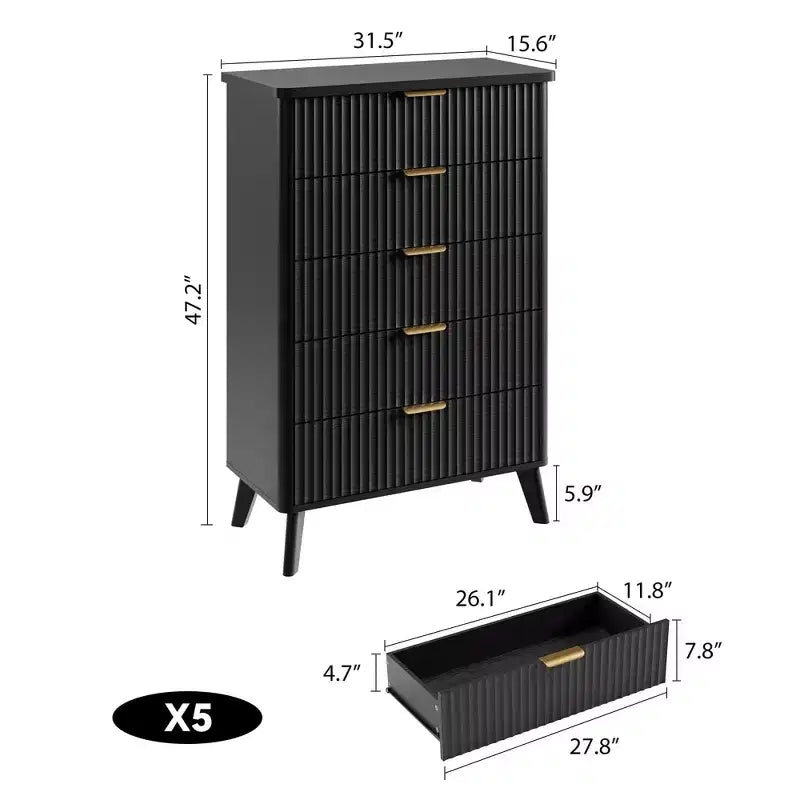 Commode à 5 tiroirs pour chambre à coucher, commode de 120 cm de hauteur avec poignées dorées, table de chevet en bois, organisateur de rangement pour vêtements pour entrée et chambre à coucher.