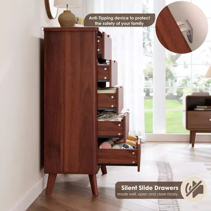 Commode à 5 tiroirs pour chambre à coucher, commode de 120 cm de hauteur avec poignées dorées, table de chevet en bois, organisateur de rangement pour vêtements pour entrée et chambre à coucher.