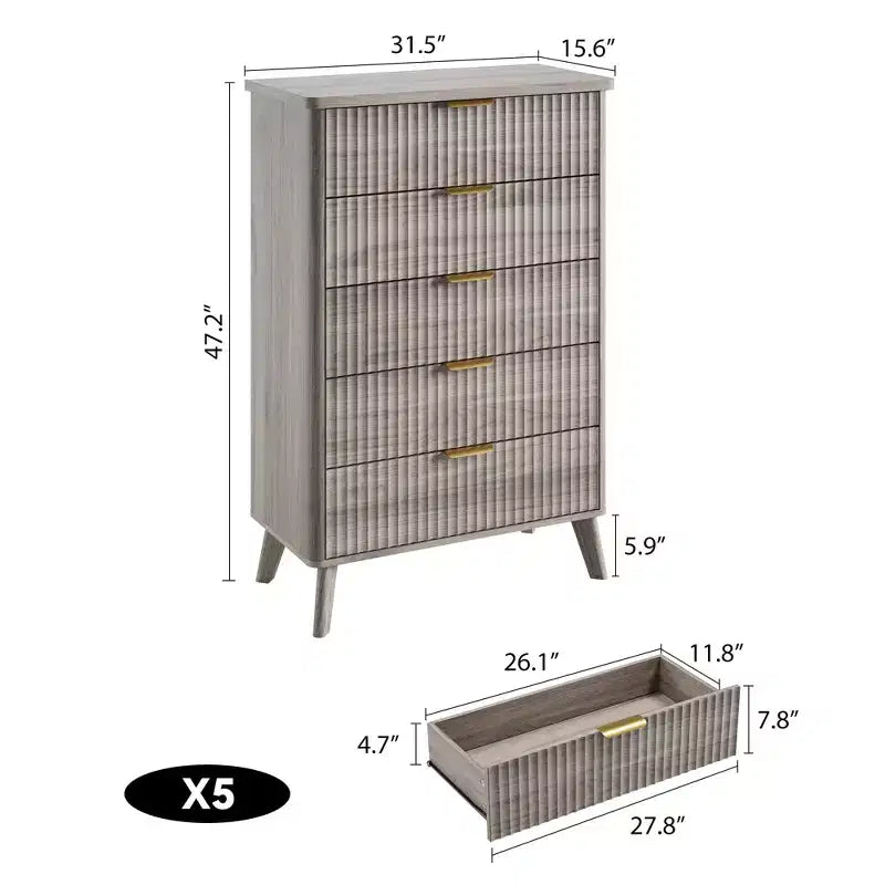 Commode à 5 tiroirs pour chambre à coucher, commode de 120 cm de hauteur avec poignées dorées, table de chevet en bois, organisateur de rangement pour vêtements pour entrée et chambre à coucher.