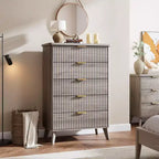 Commode à 5 tiroirs pour chambre à coucher, commode de 120 cm de hauteur avec poignées dorées, table de chevet en bois, organisateur de rangement pour vêtements pour entrée et chambre à coucher.