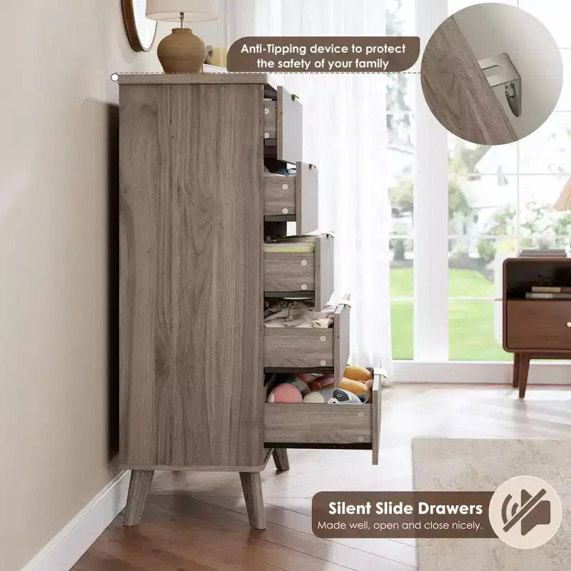 Commode à 5 tiroirs pour chambre à coucher, commode de 120 cm de hauteur avec poignées dorées, table de chevet en bois, organisateur de rangement pour vêtements pour entrée et chambre à coucher.