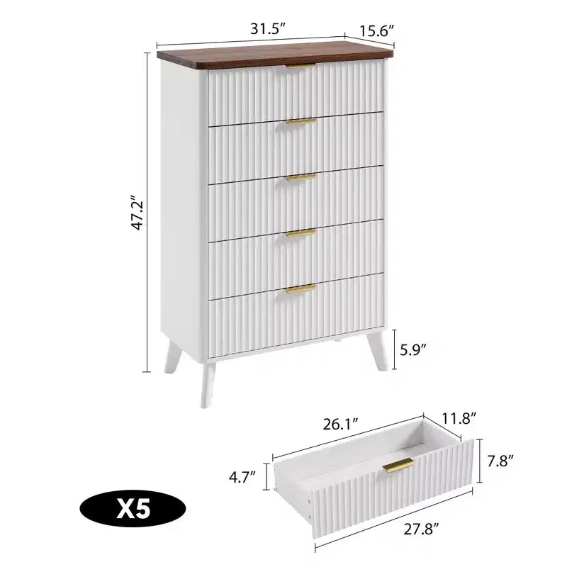Commode à 5 tiroirs pour chambre à coucher, commode de 120 cm de hauteur avec poignées dorées, table de chevet en bois, organisateur de rangement pour vêtements pour entrée et chambre à coucher.
