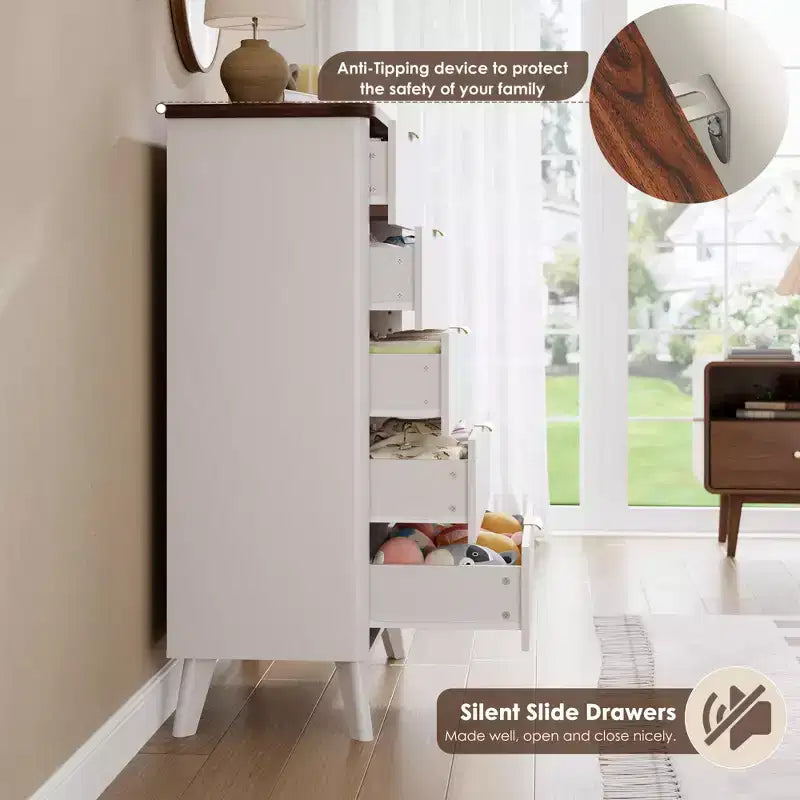 Commode à 5 tiroirs pour chambre à coucher, commode de 120 cm de hauteur avec poignées dorées, table de chevet en bois, organisateur de rangement pour vêtements pour entrée et chambre à coucher.