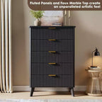 Commode à 5 tiroirs pour chambre à coucher, commode de 120 cm de hauteur avec poignées dorées, table de chevet en bois, organisateur de rangement pour vêtements pour entrée et chambre à coucher.