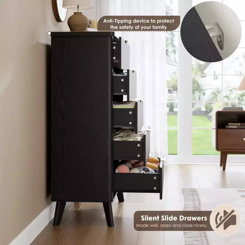 Commode à 5 tiroirs pour chambre à coucher, commode de 120 cm de hauteur avec poignées dorées, table de chevet en bois, organisateur de rangement pour vêtements pour entrée et chambre à coucher.