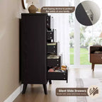 Commode à 5 tiroirs pour chambre à coucher, commode de 120 cm de hauteur avec poignées dorées, table de chevet en bois, organisateur de rangement pour vêtements pour entrée et chambre à coucher.