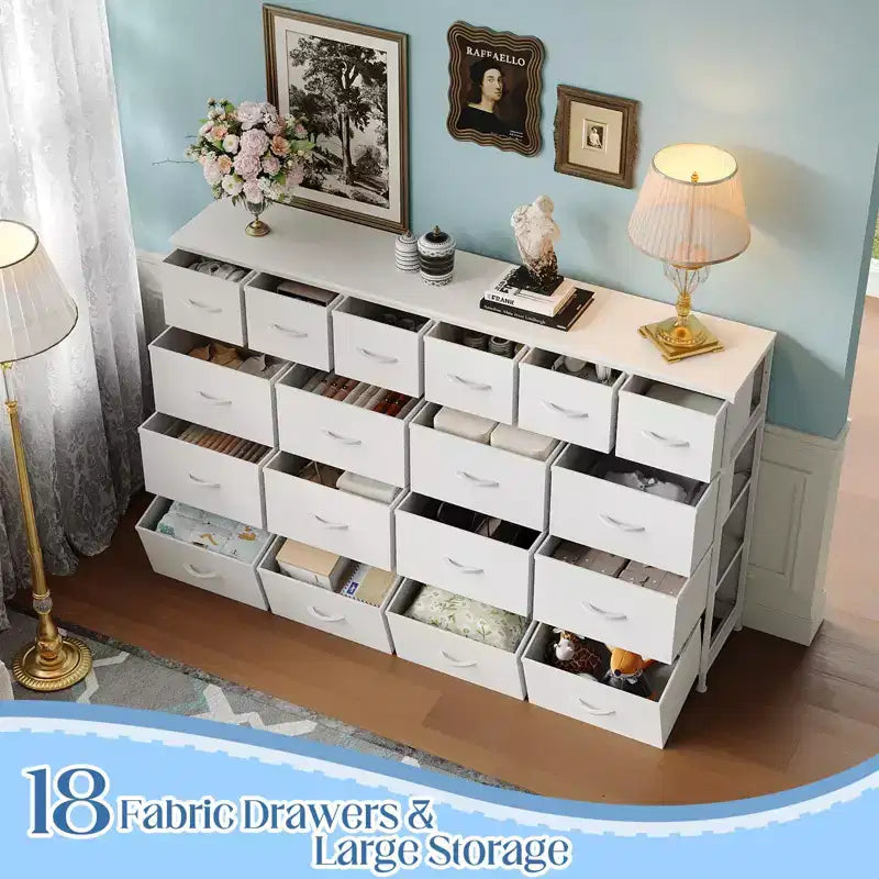 Commode 18 tiroirs pour chambre à coucher, commode avec bacs en tissu, commode d'appoint avec cadre en acier, organisateur de rangement de vêtements pour couloir