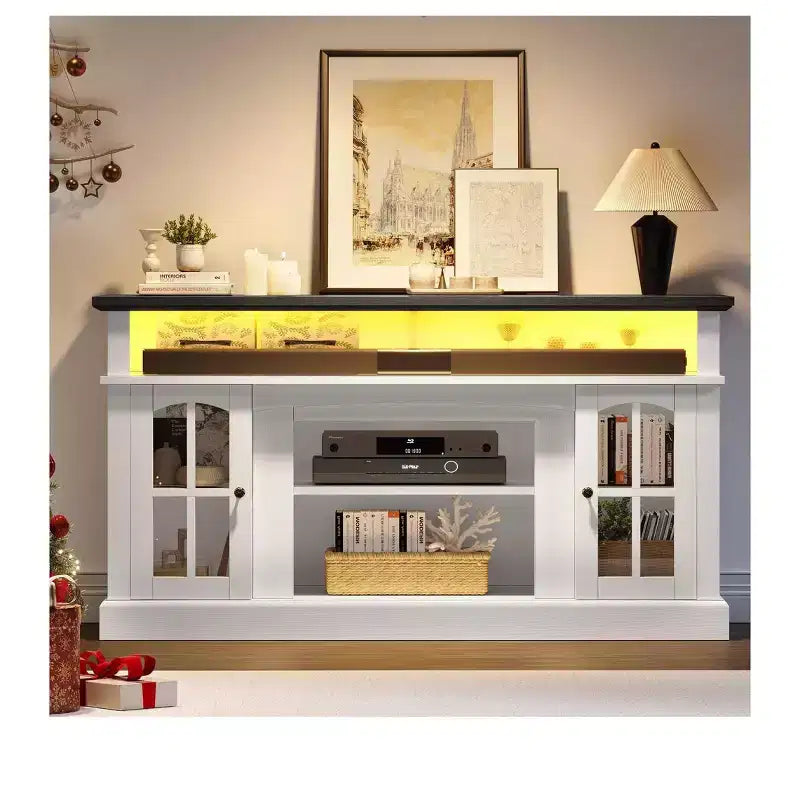 Meuble TV LED avec prises de courant pour téléviseurs jusqu'à 65 pouces, meuble de divertissement avec étagères réglables et portes vitrées pour salon