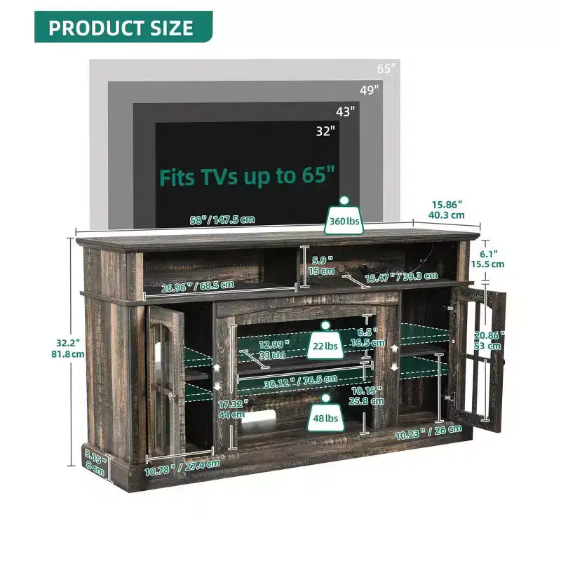 Meuble TV LED avec prises de courant pour téléviseurs jusqu'à 65 pouces, meuble de divertissement avec étagères réglables et portes vitrées pour salon