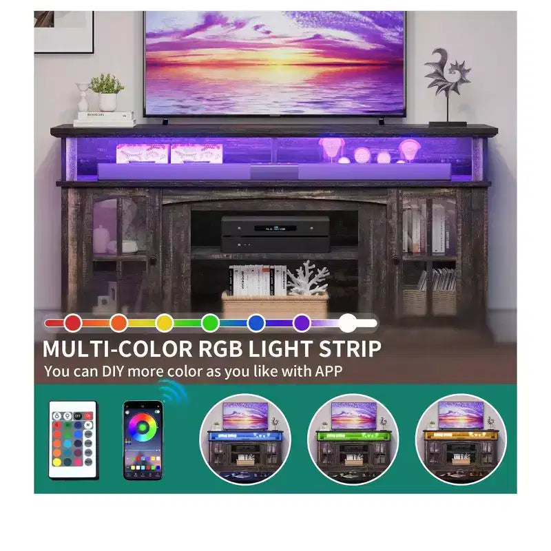 Meuble TV LED avec prises de courant pour téléviseurs jusqu'à 65 pouces, meuble de divertissement avec étagères réglables et portes vitrées pour salon