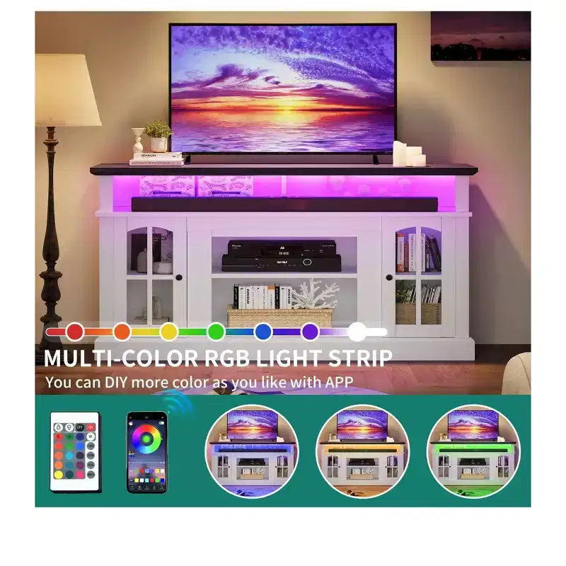 Meuble TV LED avec prises de courant pour téléviseurs jusqu'à 65 pouces, meuble de divertissement avec étagères réglables et portes vitrées pour salon