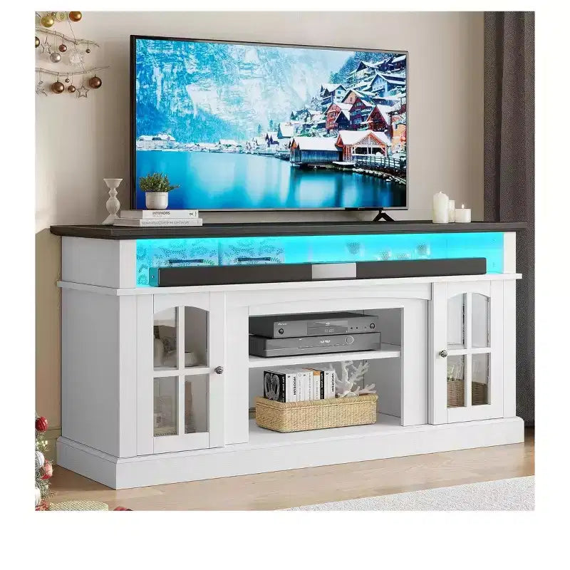 Meuble TV LED avec prises de courant pour téléviseurs jusqu'à 65 pouces, meuble de divertissement avec étagères réglables et portes vitrées pour salon