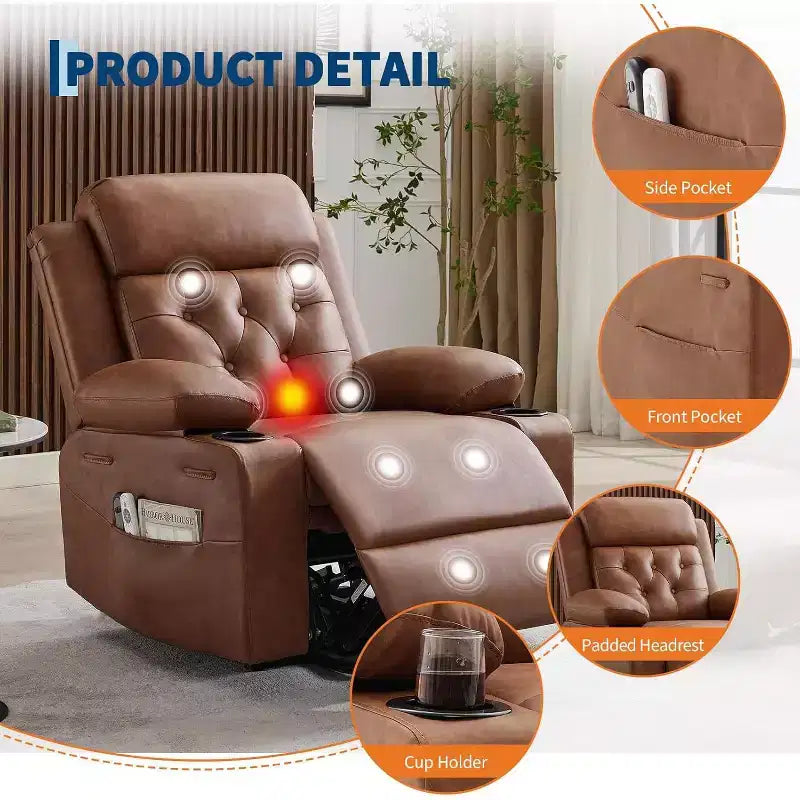 Fauteuil inclinable confortable en velours côtelé, fauteuil inclinable releveur surdimensionné en cuir PU, design réglable, poches latérales, deux porte-gobelets, pour salon, chambre à coucher
