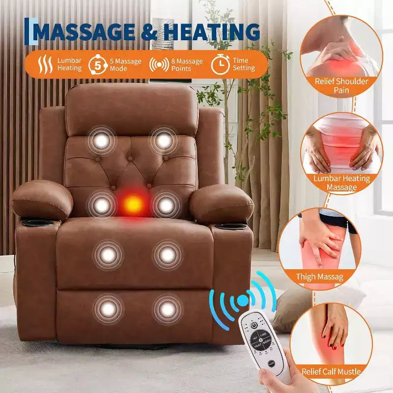 Fauteuil inclinable confortable en velours côtelé, fauteuil inclinable releveur surdimensionné en cuir PU, design réglable, poches latérales, deux porte-gobelets, pour salon, chambre à coucher