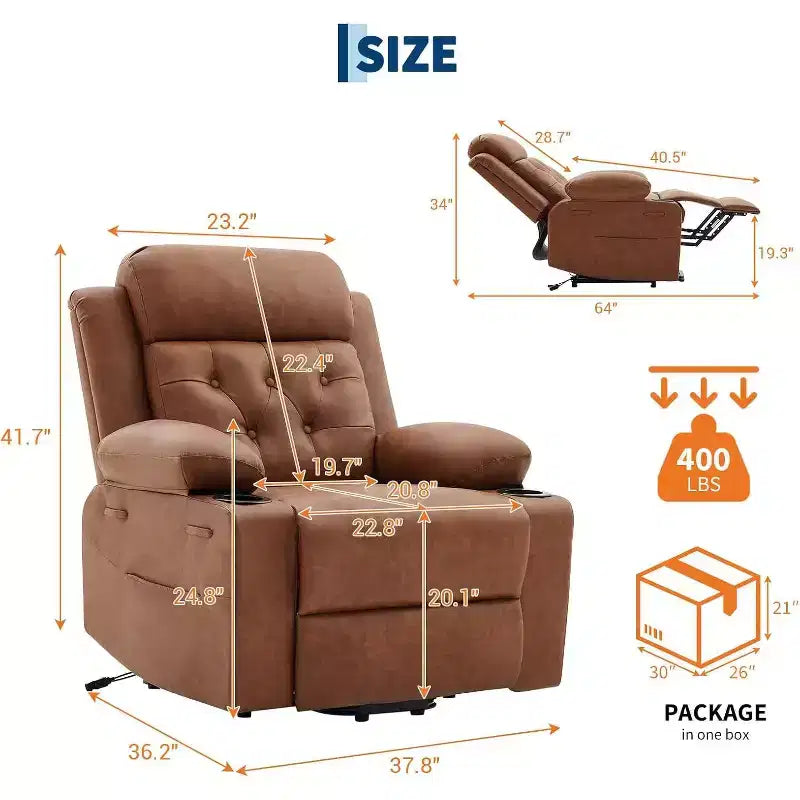Fauteuil inclinable confortable en velours côtelé, fauteuil inclinable releveur surdimensionné en cuir PU, design réglable, poches latérales, deux porte-gobelets, pour salon, chambre à coucher