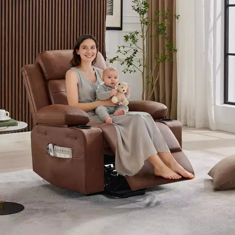 Fauteuil inclinable confortable en velours côtelé, fauteuil inclinable releveur surdimensionné en cuir PU, design réglable, poches latérales, deux porte-gobelets, pour salon, chambre à coucher