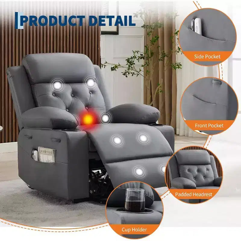 Fauteuil inclinable confortable en velours côtelé, fauteuil inclinable releveur surdimensionné en cuir PU, design réglable, poches latérales, deux porte-gobelets, pour salon, chambre à coucher