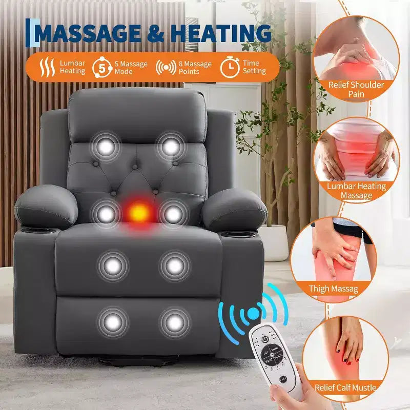 Fauteuil inclinable confortable en velours côtelé, fauteuil inclinable releveur surdimensionné en cuir PU, design réglable, poches latérales, deux porte-gobelets, pour salon, chambre à coucher