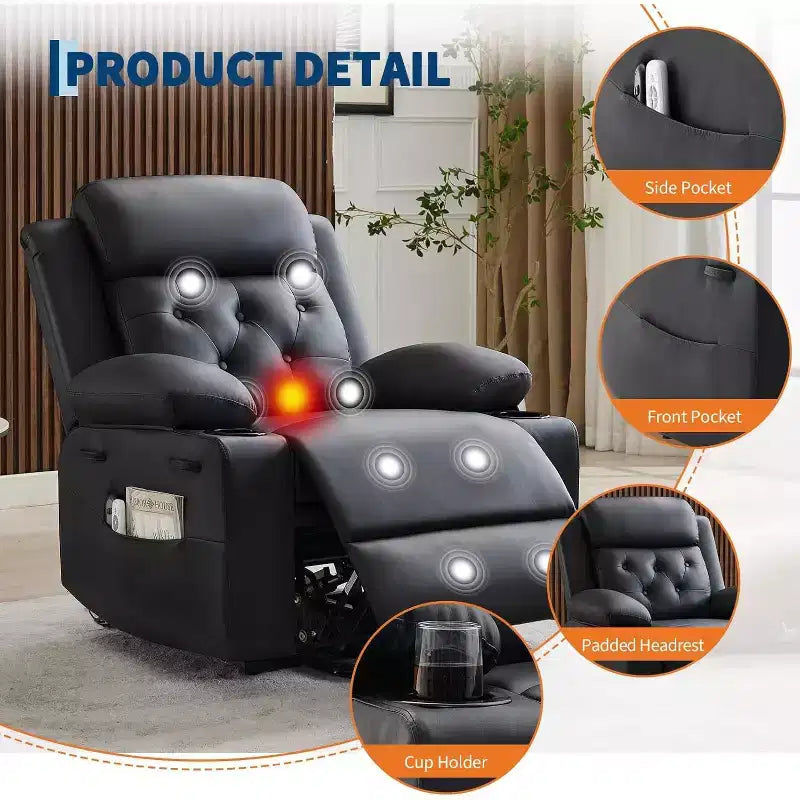 Fauteuil inclinable confortable en velours côtelé, fauteuil inclinable releveur surdimensionné en cuir PU, design réglable, poches latérales, deux porte-gobelets, pour salon, chambre à coucher